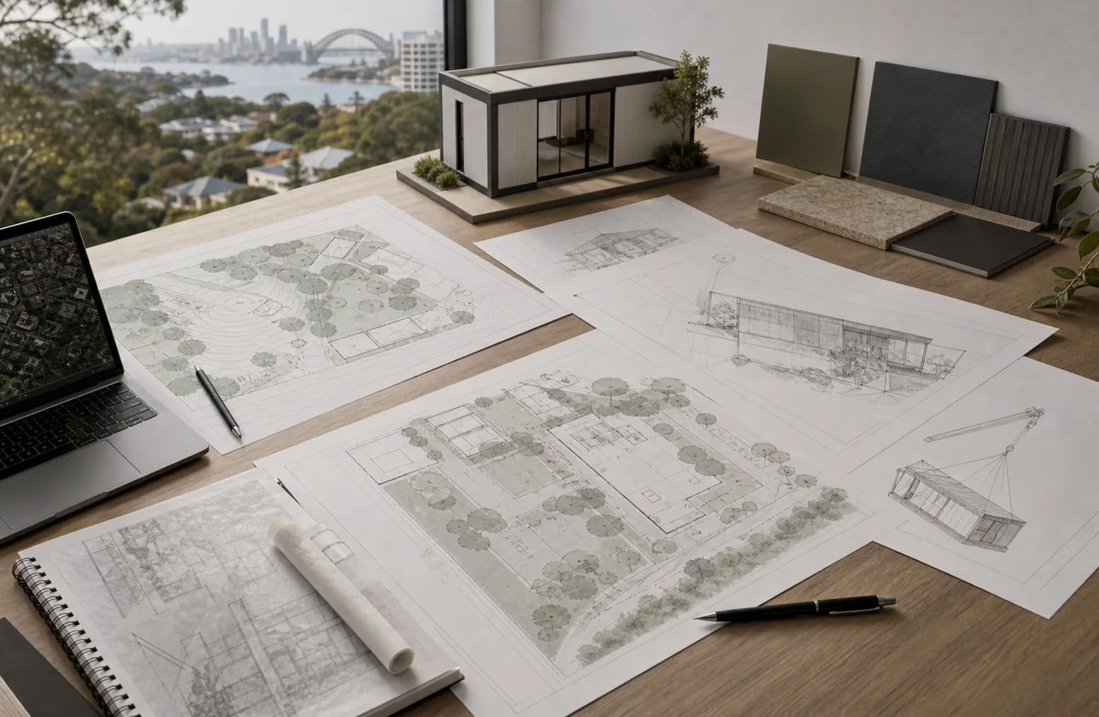 Approval planning desk with modular site drawings