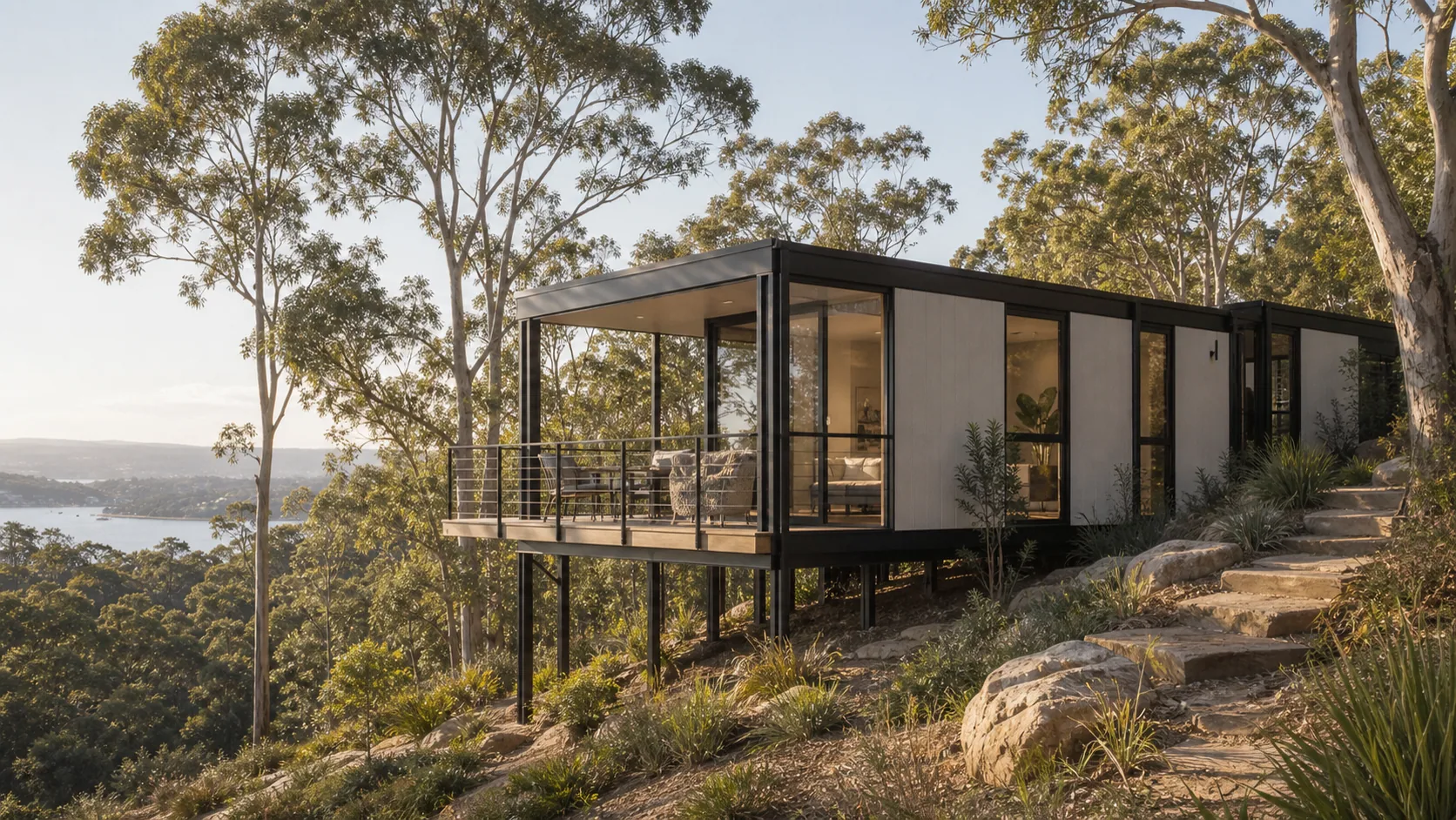 Modular home raised on piers on a sloping Sydney site