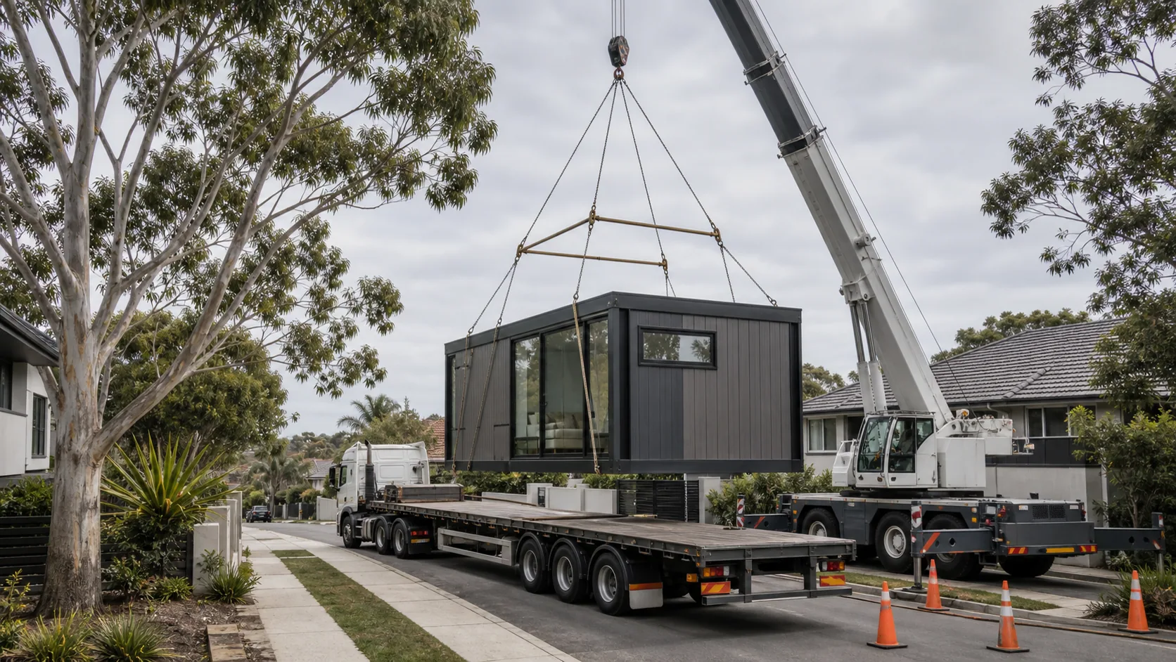 Modular transport and crane access on a Sydney residential street