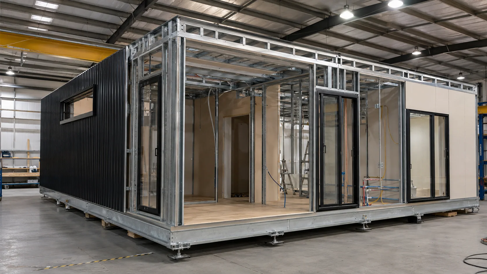 Steel framed modular structure during factory construction