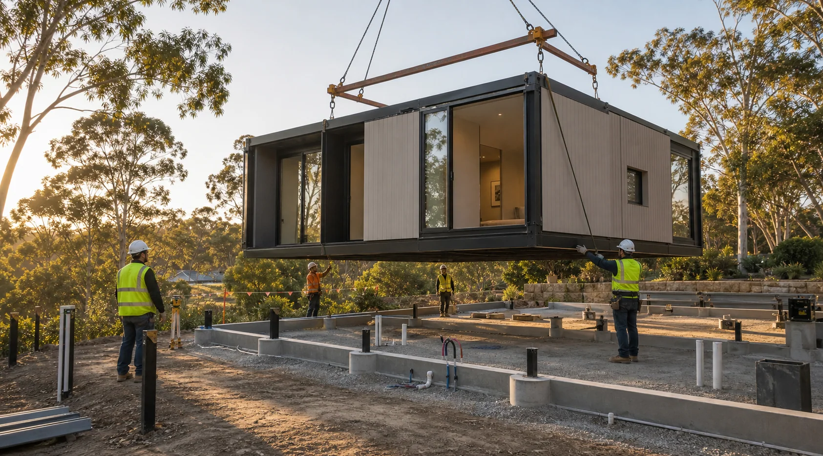 Modular building section being guided onto prepared site foundations