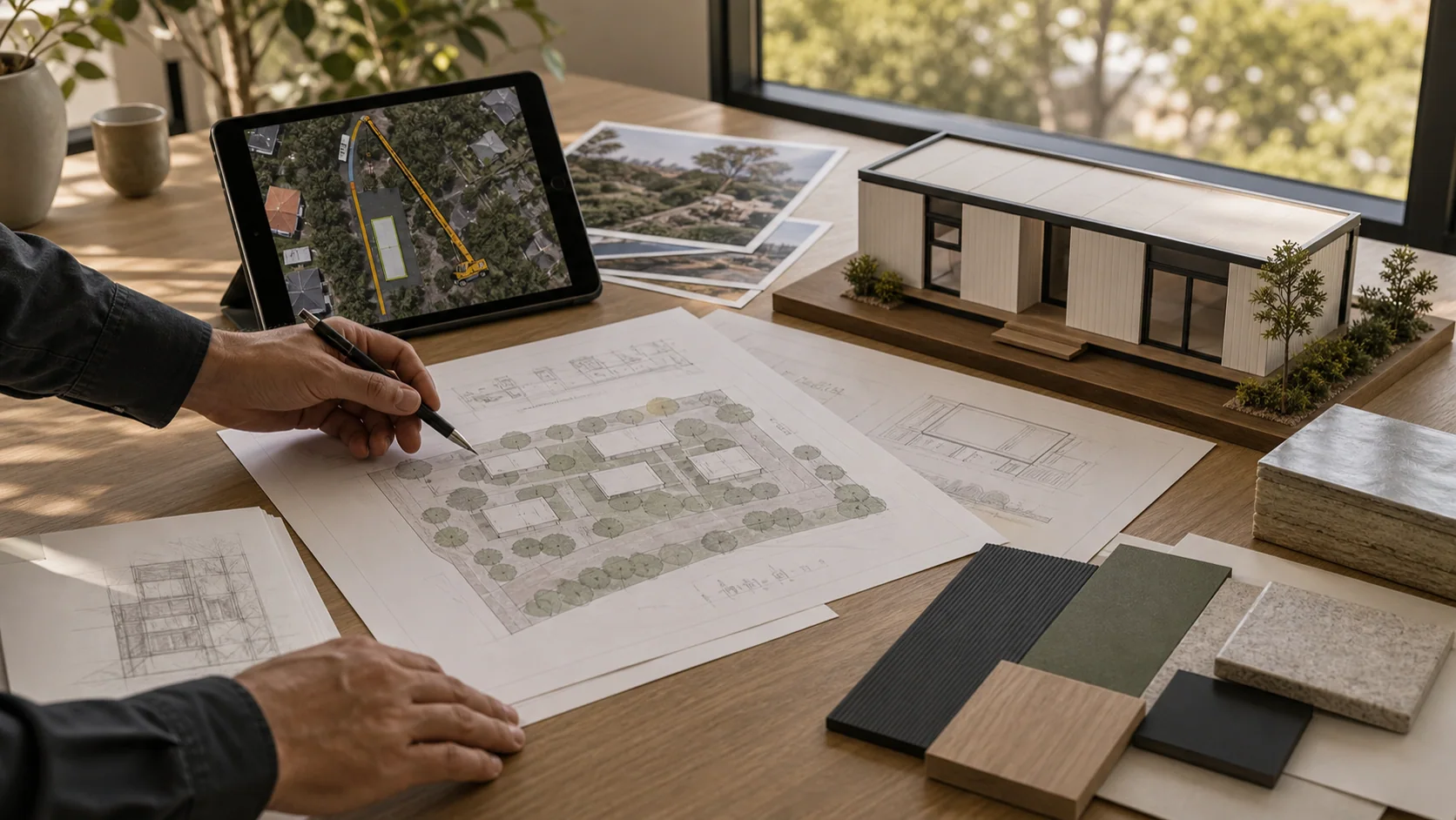 Design studio table with site plans, modular model and material samples