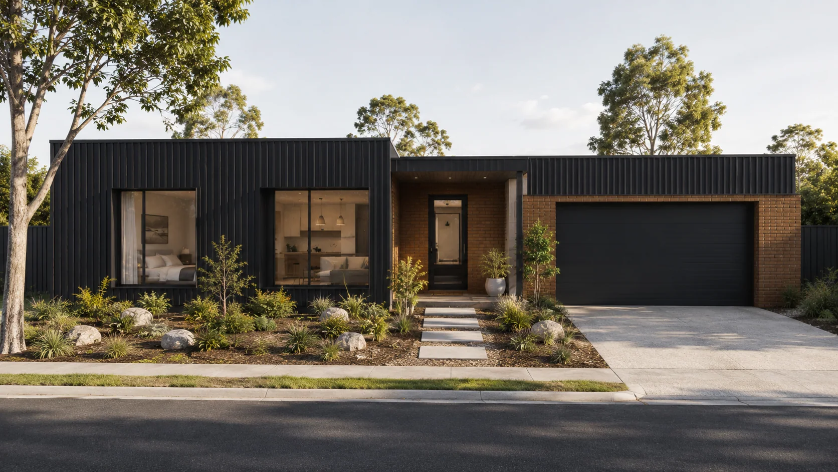 Street front modular home with dark cladding and landscaped entry